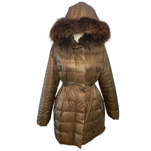 Blue Duck Brown Reversible Winter Puffer Coat Rabbit Fur Fox Trim Medium - Picture 3 of 15